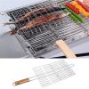 Iron Wire Barbecue Grilling Basket BBQ Net Wooden Handle Meat Fish Clip Holder